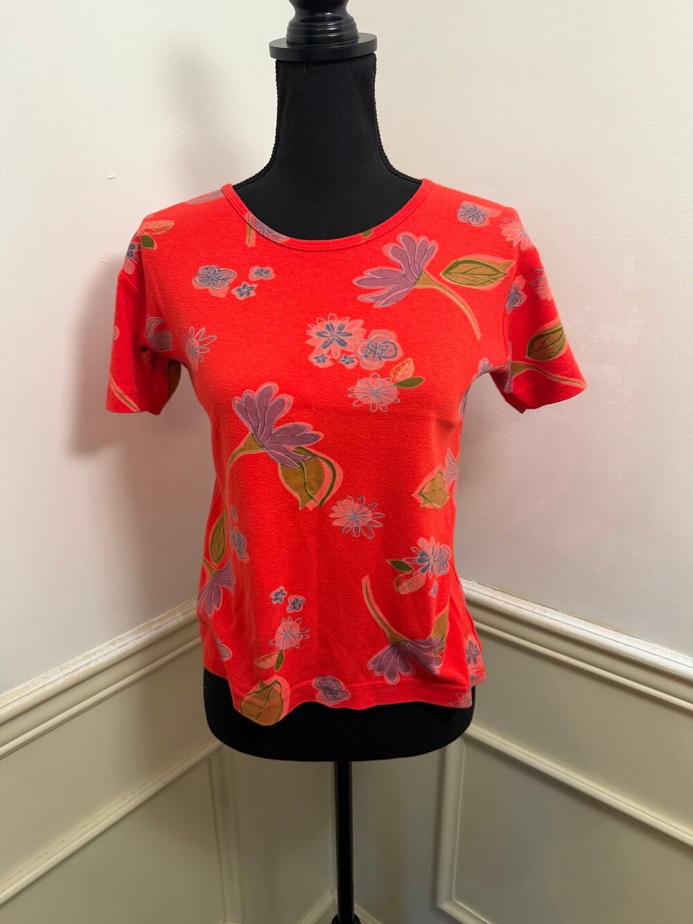 Vintage Fresh Produce Floral Print Cotton Tee Shirt Red Cottagecore Resort Wear
